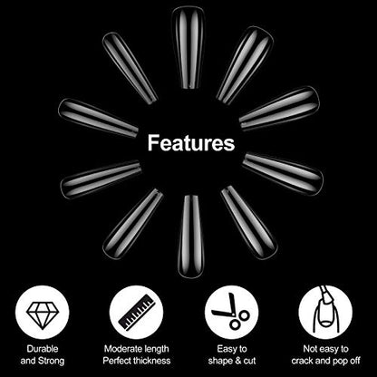 Clear Coffin False Nail Tips - Tiphulan Nail Tips and Glue with Box, 500pcs Full Cover Fake Nails, Clear Acrylic Nail Tips, Ballerina Shape False Nails with Glue for Nail Salon & Home, 10 Sizes