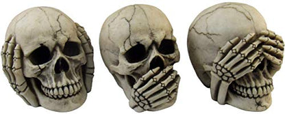 Macabre Halloween Gothic Home Décor Set of Three (3) See Hear Speak No Evil Realistic Mini Skull Figurines , 4.5-inch