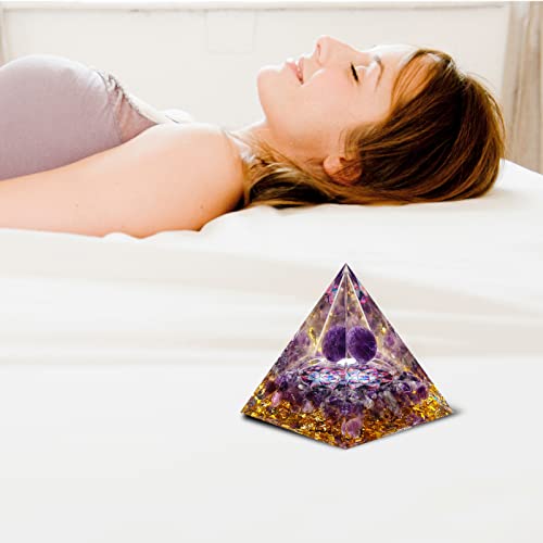 MXiiXM Orgone Pyramid for Positive Energy, Amethyst Crystal Ball Handmade Pyramid, Protection Crystals Energy Generator for Stress Reduce Healing Meditation Attract Wealth Lucky (Flower of Life)