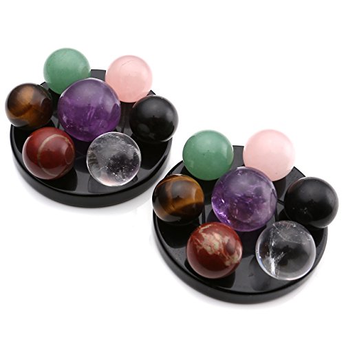 Jovivi Seven Star Group Natural Amethyst Chakra Crystal Sphere Ball with Black Obsidian Stand w/Box