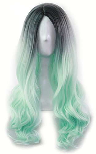 Black and Green Ombre Dark Roots Heat Resistant Full Wig