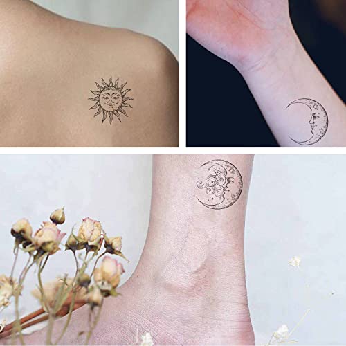 Stars 6 Sheets Temporary Tattoos for Women Adults Boho Flash Design Art Sun Moon Antique Style Temporary tattoo for Men for Woman Neck Arm