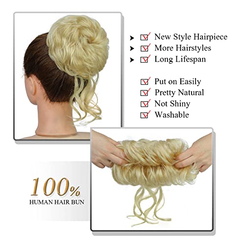 100% Human Messy Hair Bun Scrunchies Ponytail Extension Human Hair Tousled Updo Chignon Hair Piece (613# Blonde)