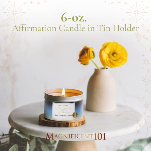 MAGNIFICENT 101 Affirmations Sage, Cedar, Palo Santo, Sprinkle of sage Leaves Smudge Candle for House Energy Cleansing, Banishes Negative Energy - Natural Soy Wax Tin Candle (My Order is ON ITS Way)