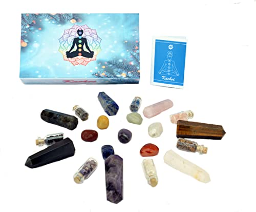 Crystals and Healing Stones.7 Chakra Complete Healing Kit for Energy.Crystal Meditation Spiritual Gifts for Beginners. All 7 Chakra Wands with Tumbled Stones and Crystal Chip Bottle Set of 21