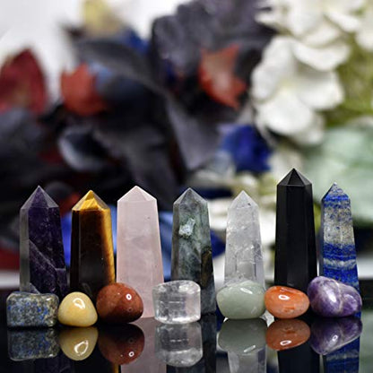 Crystals .Crystals and Healing Stones, Crystal Healing Ornaments. All 7 Chakra Wands with Tumbled Stones Crystals Set of 14
