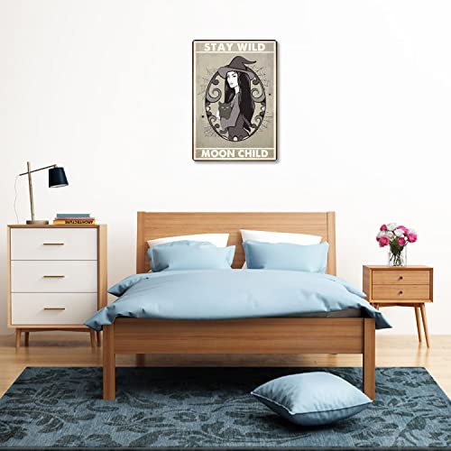 Stay Wild Moon Child Vintage Witch And Cat Art Metal Tin Sign Home Bar Wall Decor Cat Lover Gift 8x12 Inch