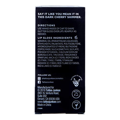 TATTOO JUNKEE Kiss & Tell Glitter Lava, Dark Cherry Non-Sticky Lip Gloss with Ultra-Fine Shimmer Effects, Layer Over Lipstick or Wear Alone, 0.33 Fl Oz