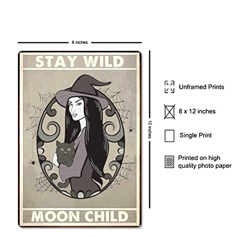 Stay Wild Moon Child Vintage Witch And Cat Art Metal Tin Sign Home Bar Wall Decor Cat Lover Gift 8x12 Inch
