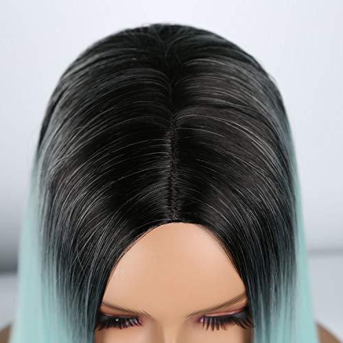 Mint Green Black Roots Ombre Cosplay Costume Full Wig