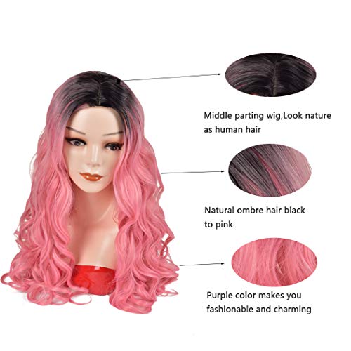 Black to Pink Ombre Synthetic Middle Parting 24 Inch Long 