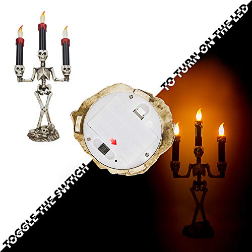 Triple LED Halloween Candles Flameless and Skeleton Candle Holder Stand for Skull Halloween Decoration and Haunted House Decor