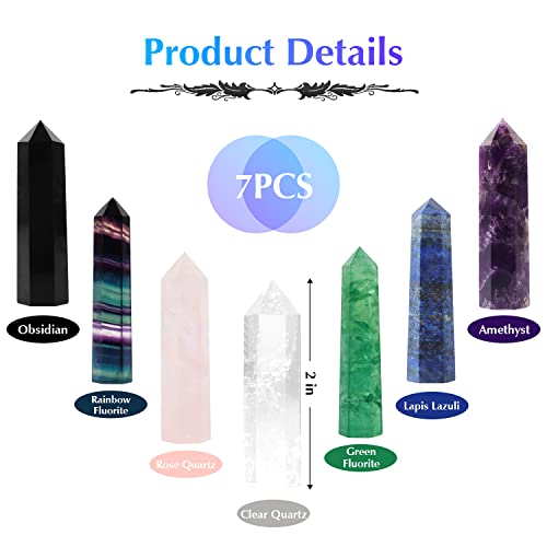 7 PCS Healing Crystal Wands | 2" Amethyst, Rose Quartz,Clear Quartz,Black Obsidian,Green Fluorite, Lapis Lazuli,Rainbow Fluorite| 6 Faceted Reiki Chakra Meditation Therapy