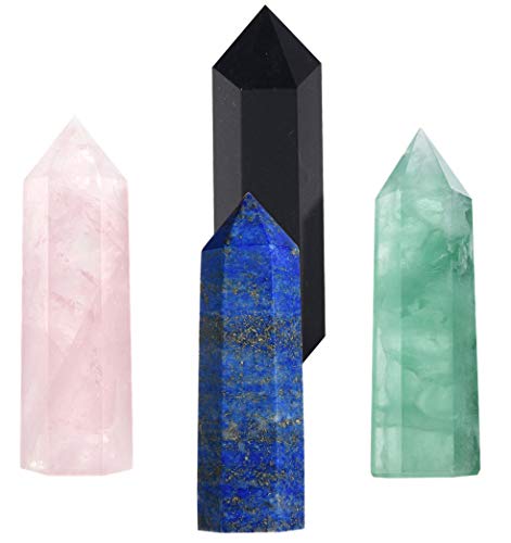 Healing Crystal Wands |4 PCS 2" Green Fluorite, Lapis Lazuli Crystal Wand & Rose Quartz Crystal Points,Black Obsidian| 6 Faceted Reiki Chakra Meditation Therapy