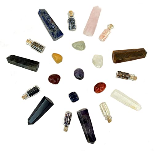 Crystals and Healing Stones.7 Chakra Complete Healing Kit for Energy.Crystal Meditation Spiritual Gifts for Beginners. All 7 Chakra Wands with Tumbled Stones and Crystal Chip Bottle Set of 21