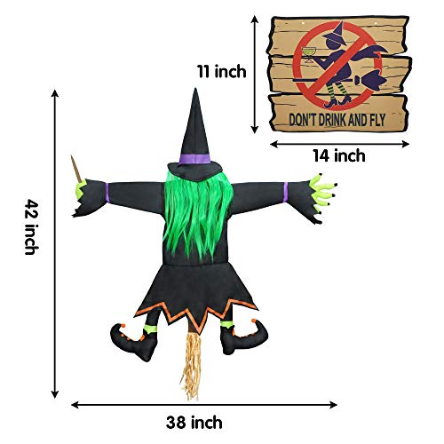 Crashing Witch into Tree Halloween Decoration with Don’t Drink and Fly Warning Sign