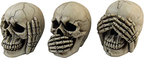 Macabre Halloween Gothic Home Décor Set of Three (3) See Hear Speak No Evil Realistic Mini Skull Figurines , 4.5-inch