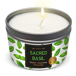 MAGNIFICENT 101 Sacred Plants Smudge Candle for House Energy Cleansing, Banish Negative Energy, Spiritual Purification and Chakra Healing - Natural Soy Wax Candle for Aromatherapy (Basil)