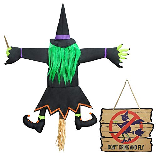 Crashing Witch into Tree Halloween Decoration with Don’t Drink and Fly Warning Sign