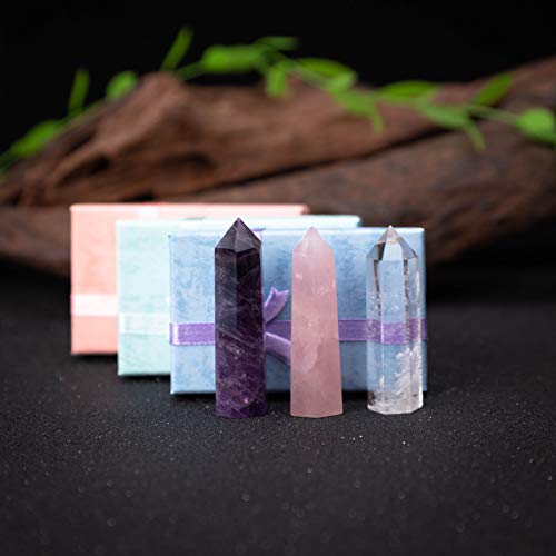 Healing Crystal Wands | 2" Amethyst Crystal, Clear Quartz Crystal Wand & Rose Quartz Crystal Points| 6 Faceted Reiki Chakra Meditation Therapy (3 pcs)