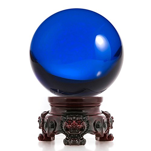 Blue Crystal Ball with Redwood Lion Resin Stand 