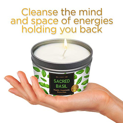 MAGNIFICENT 101 Sacred Plants Smudge Candle for House Energy Cleansing, Banish Negative Energy, Spiritual Purification and Chakra Healing - Natural Soy Wax Candle for Aromatherapy (Basil)