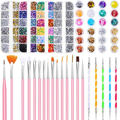 Nail Design Kit, Selizo Nail Art Tools Kit Include 8420pcs Nail Rhinestones Gems Crystals, Nail Brushes, 24 Pots Nail Foil Flakes for Nail Art Rhinestones Supplies and Decoration