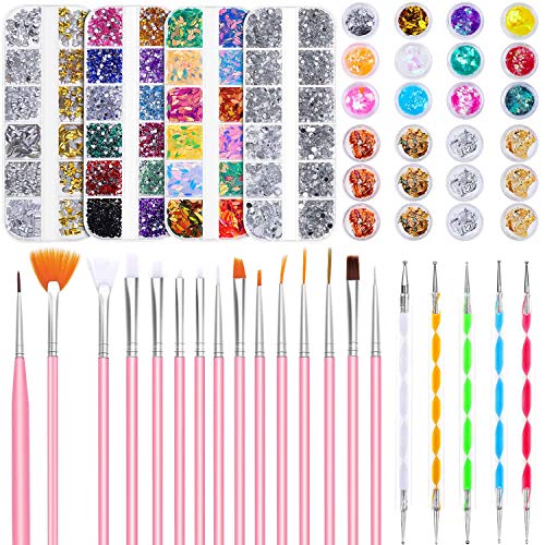 Nail Design Kit, Selizo Nail Art Tools Kit Include 8420pcs Nail Rhinestones Gems Crystals, Nail Brushes, 24 Pots Nail Foil Flakes for Nail Art Rhinestones Supplies and Decoration