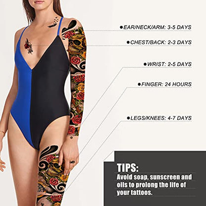 2 Sheets Full Arm Temporary Tattoos -Waterproof Fake Tattoos With Realistic Skull Flower Clock Gun Pattern Old School Body Art For Men Women Cute Leg Sleeve Tattoos Stickers For Adults Kids That Look Real