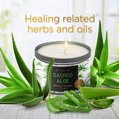 MAGNIFICENT 101 Sacred Plants Smudge Candle for House Energy Cleansing, Banish Negative Energy, Spiritual Purification and Chakra Healing - Natural Soy Wax Candle for Aromatherapy (Aloe)