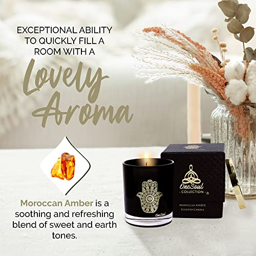 Moroccan Amber Aromatherapy Candle, Woody & Captivating Scented Candles, Luxury Candles Scented with Hamsa Design, Hand-Poured Soy Candle, 50 Hours Burn Time, 7.6 oz. - OneSoul Collection