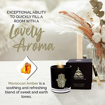 Moroccan Amber Aromatherapy Candle, Woody & Captivating Scented Candles, Luxury Candles Scented with Hamsa Design, Hand-Poured Soy Candle, 50 Hours Burn Time, 7.6 oz. - OneSoul Collection