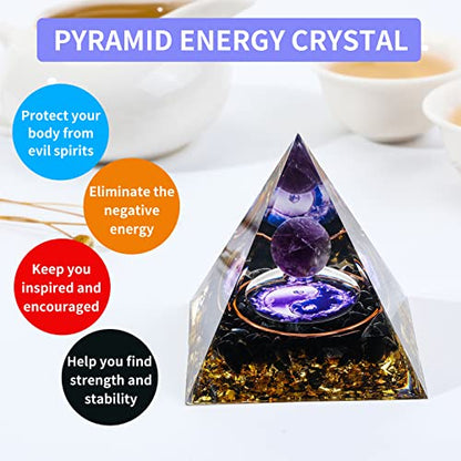 MXiiXM Orgone Pyramid for Positive Energy, Amethyst Crystal Ball Orgonite Pyramid, Protection Crystals Energy Generator for Stress Reduce Healing Meditation Attract Wealth Lucky (Tai Chi)