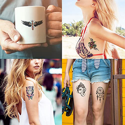 62 Sheets Black Large Temporary Tattoos Stickers for Women Men and Girl, Includes 10 Large Fake Tattoos That Look Real and Last Long