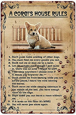 Corgi Tin Sign | A Corgi's House Rules | Funny Home Decor | Corgi Dog Lover Gift | Wall Decoration | Size 8x12 Inches | Retro Metal Sign