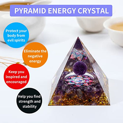 MXiiXM Orgone Pyramid for Positive Energy, Amethyst Crystal Ball Handmade Pyramid, Protection Crystals Energy Generator for Stress Reduce Healing Meditation Attract Wealth Lucky (Flower of Life)