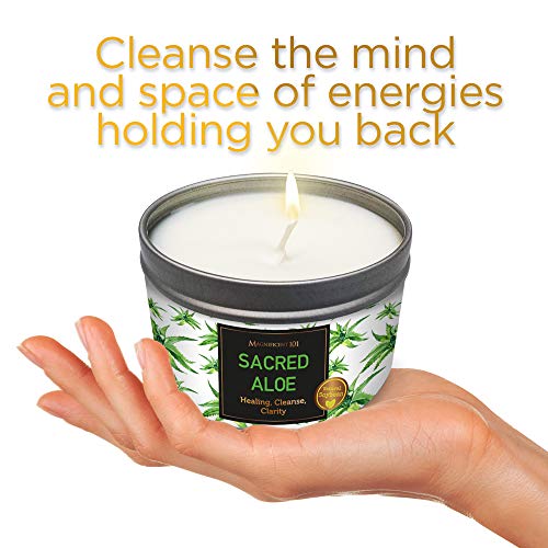 MAGNIFICENT 101 Sacred Plants Smudge Candle for House Energy Cleansing, Banish Negative Energy, Spiritual Purification and Chakra Healing - Natural Soy Wax Candle for Aromatherapy (Aloe)