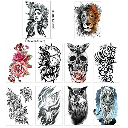 62 Sheets Black Large Temporary Tattoos Stickers for Women Men and Girl, Includes 10 Large Fake Tattoos That Look Real and Last Long