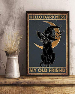 Black Cat Wiccan Art Hello Darkness My Old Friend Wall Decor 12"x8" Inch Metal Tin Sign Retro Vintage Style