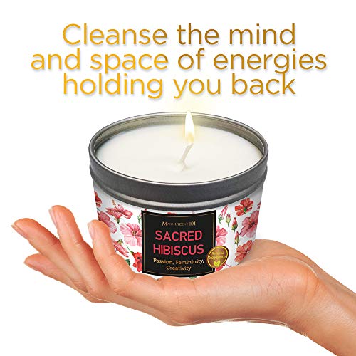 MAGNIFICENT 101 Sacred Plants Smudge Candle for House Energy Cleansing, Banish Negative Energy, Spiritual Purification and Chakra Healing - Natural Soy Wax Candle for Aromatherapy (Hibiscus)