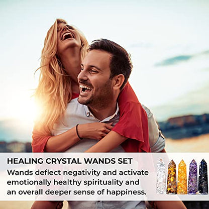 Healing Crystal Wand Set of 6 Orgonite – Includes 3” Amethyst Crystal, Tigers Eye, Rose Quartz, Black Tourmaline Stone, Citrine and Clear Quartz Orgone Crystal Plus Black Tourmaline Necklace