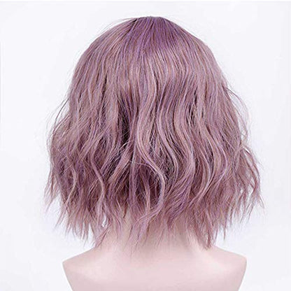 Mixed Taro Purple Gray Wavy Ombre Synthetic Human Hair Feel Heat Resistant Synthetic Wig with Full Customizable Air Bangs Mermaid Cosplay