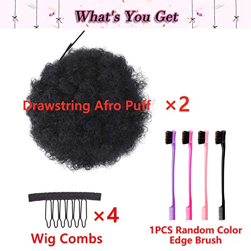 Set of 2 Afro Puff Drawstring Ponytail Hair Extension Synthetic Fluffy Kinky Curly Hair Puff Bun Updo Hair Pieces Afro Donut Chignon Hairpieces Extensions(1B#)