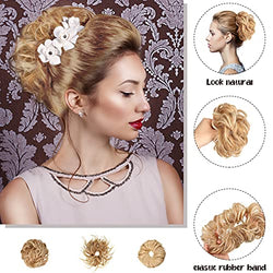 Attractive Large Thick Curly Scrunchie Messy Bun Donut FAUX Human Hair Ponytail Wrap Extensions Set of 3 Different Styles Matching Color Mixed Bleach Blonde