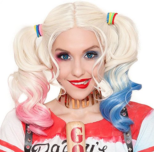 Harley Quinn Suicide Squad Daddy's Little Monster Synthetic Wavy Blonde Pink Blue Wig 22" Non Lace Front Human Hair Feel Drag Queen