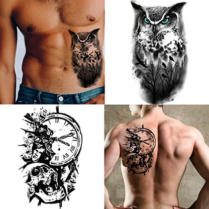 62 Sheets Black Large Temporary Tattoos Stickers for Women Men and Girl, Includes 10 Large Fake Tattoos That Look Real and Last Long