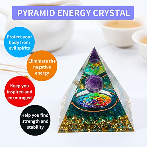 MXiiXM Orgone Pyramid for Positive Energy, Amethyst Crystal Ball Orgone Pyramid, Protection Crystals Energy Generator for Stress Reduce Healing Meditation Attract Wealth Lucky (Blue Glaze)