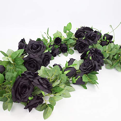 2 PCS 6.5 Ft. Artificial Black Rose Vine for Halloween Decor, Hanging Black Silk Flower Garland for Outdoor Home Wall Decorations