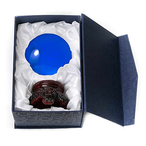 Blue Crystal Ball with Redwood Lion Resin Stand 