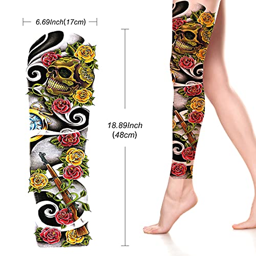 2 Sheets Full Arm Temporary Tattoos -Waterproof Fake Tattoos With Realistic Skull Flower Clock Gun Pattern Old School Body Art For Men Women Cute Leg Sleeve Tattoos Stickers For Adults Kids That Look Real
